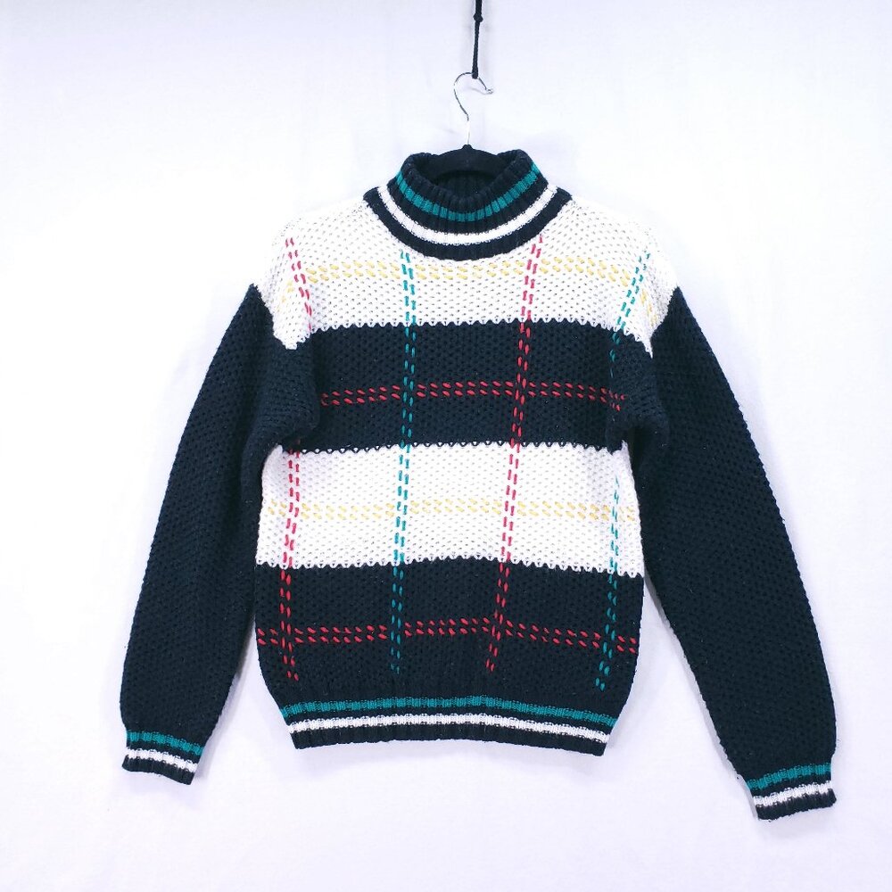 Vintage DEB Multicolor Plaid Striped Knit Mock Neck Pullover Sweater Size M